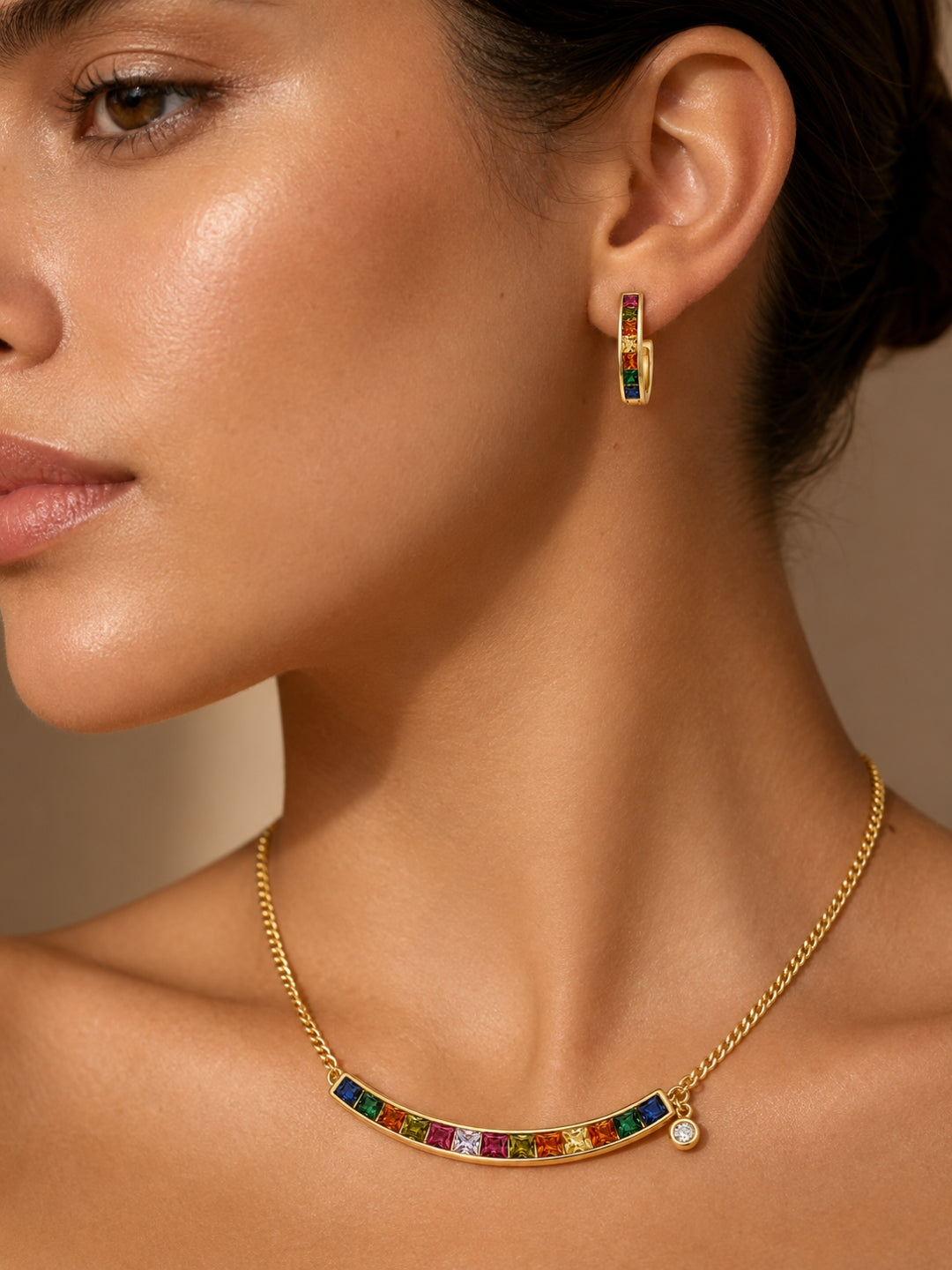 Spettro Rainbow Bar Necklace & Huggie Hoop Set, 18K Gold-Plated