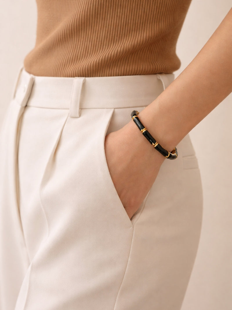Black Enamel Bamboo Gold Bracelet – Anti Tarnish CZ Cuff