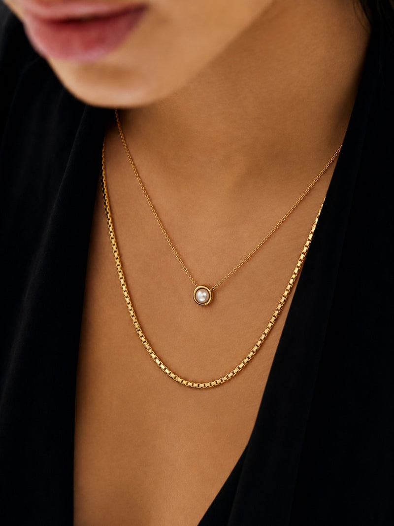 Pearl Pendant & Box Chain Necklace Set