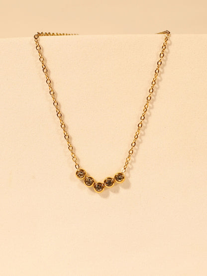 V Studded Pendant Necklace – Gold Plated Stainless Steel, Premium AD Stones, Adjustable Length