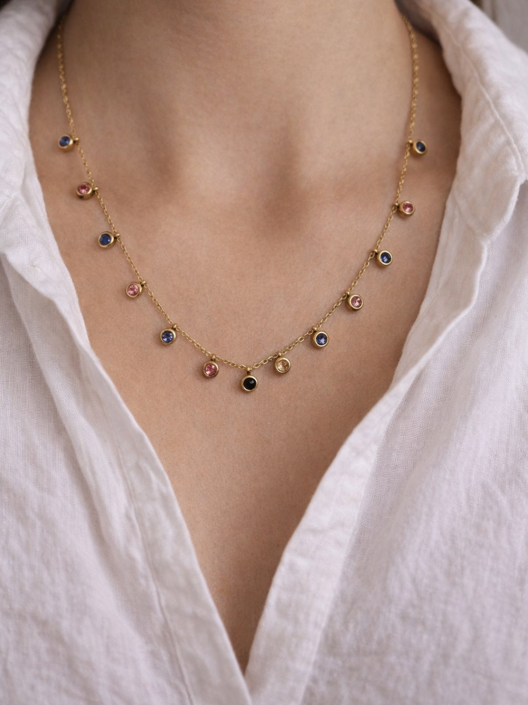 Multicolor Gold Round Stone Charm Neckpiece | Anti-Tarnish Jewelry