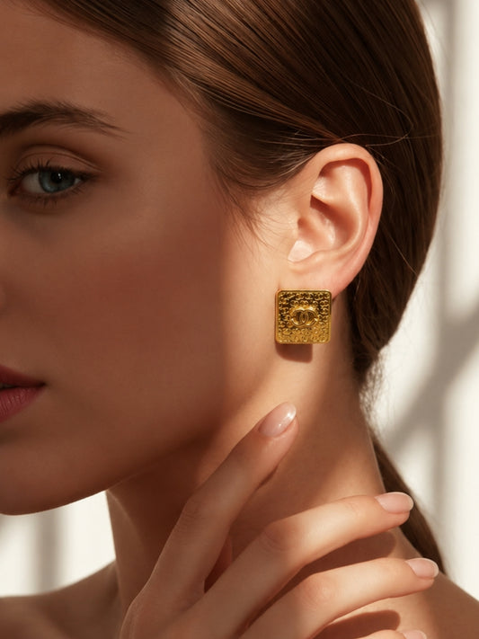 Golden Monogram Rectangle Statement Stud Earrings