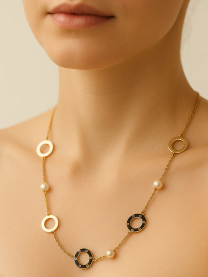 18K Gold Plated Pearl & Circular Motif Necklace – Anti Tarnish, Everyday
