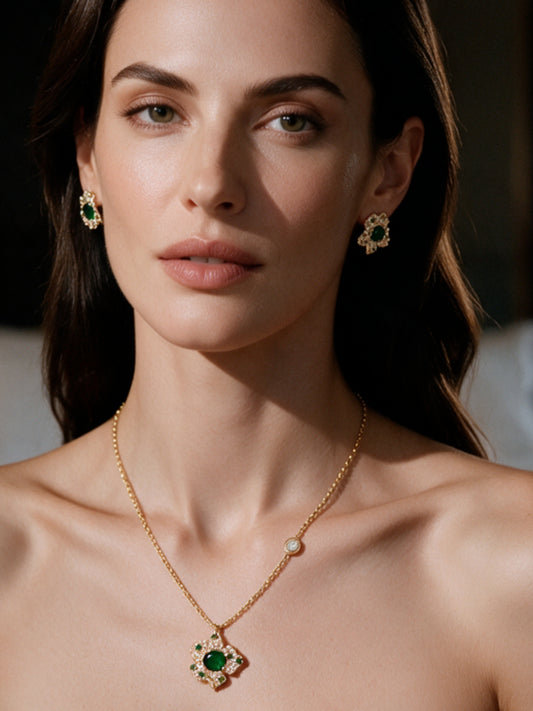 Emerald Clover Necklace & Earrings Set