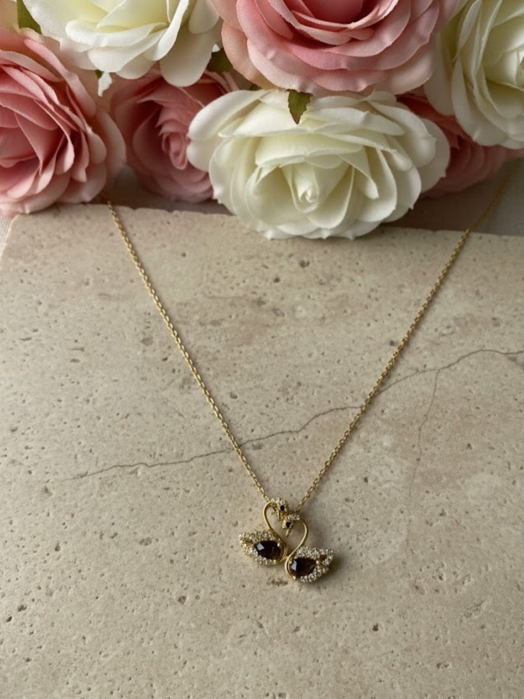 Twin Swan Pendant Necklace in 18K Gold | CZ Love Neckpiece