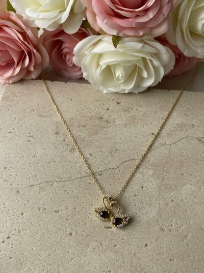 Twin Swan Pendant Necklace in 18K Gold | CZ Love Neckpiece