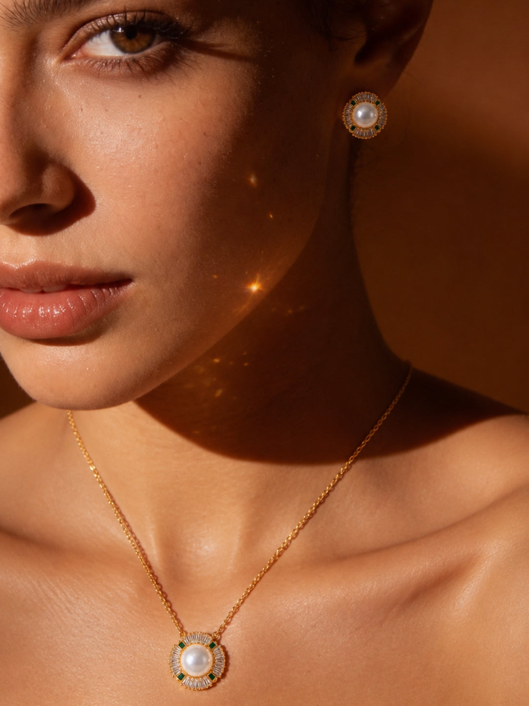 Girandola Pearl Baguette Necklace & Earring Set, 18K Gold-Plated