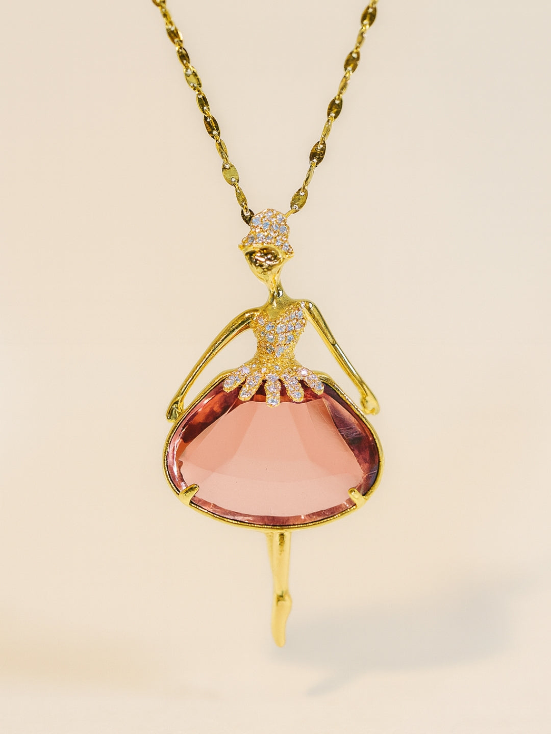 Anti-Tarnish Angel Pendant Necklace with peach Stone | 18K Gold Chain