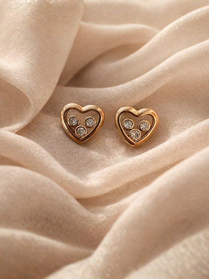 18K Gold Heart 3 Stone CZ Stud Earrings – Anti Tarnish