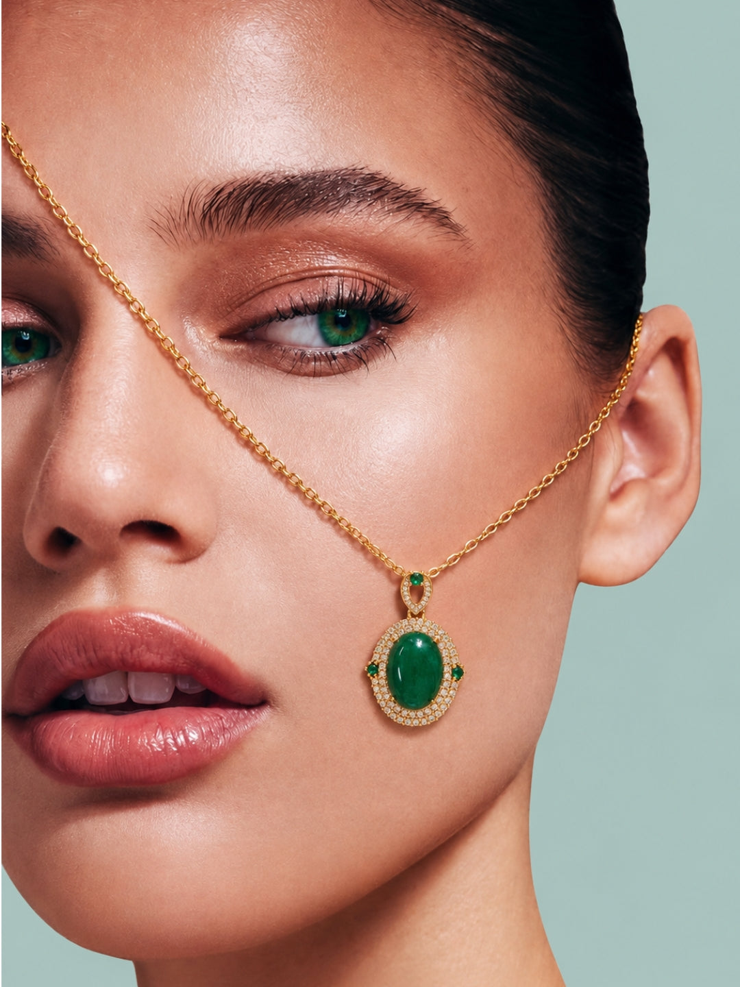 Prato Green Cabochon Halo Necklace & Earring Set, 18K Gold-Plated