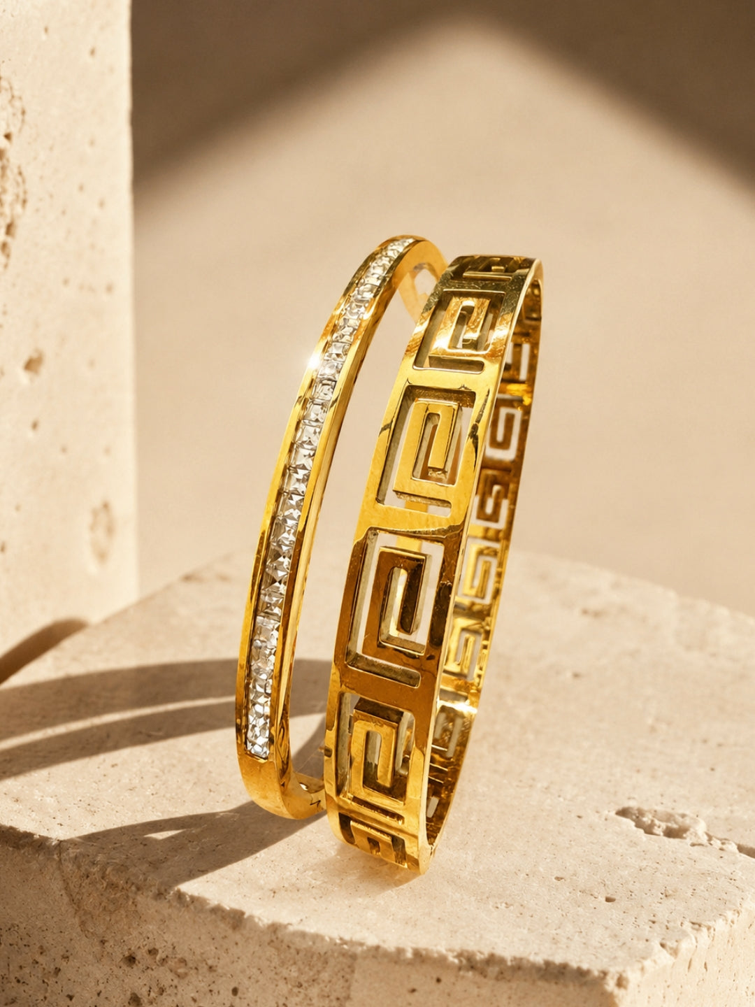 Row-Set Shine & Greek Key Cut-Out Bangle Duo