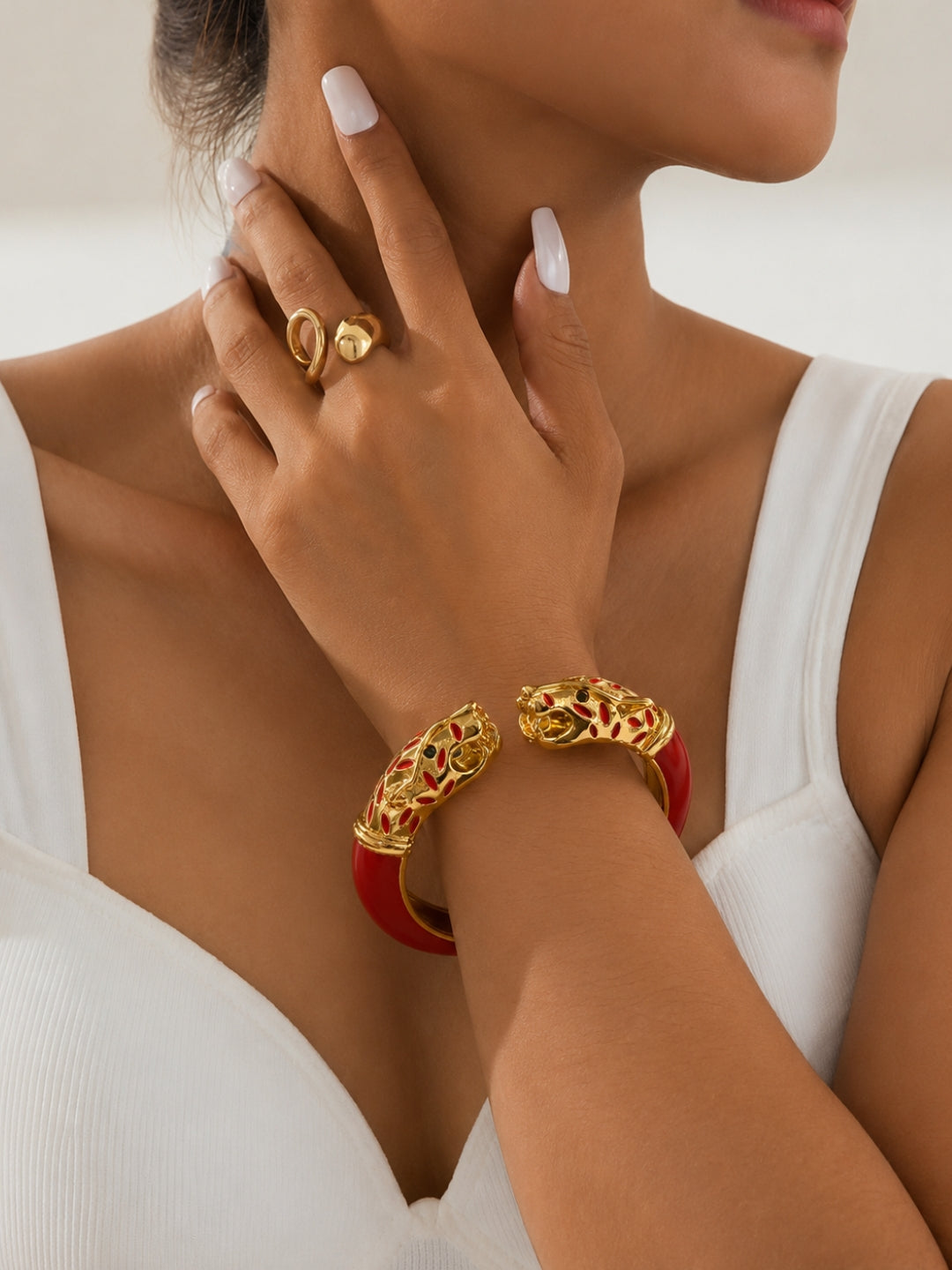 Vittoria Panther Kada Bangle, 18K Gold-Plated - Red