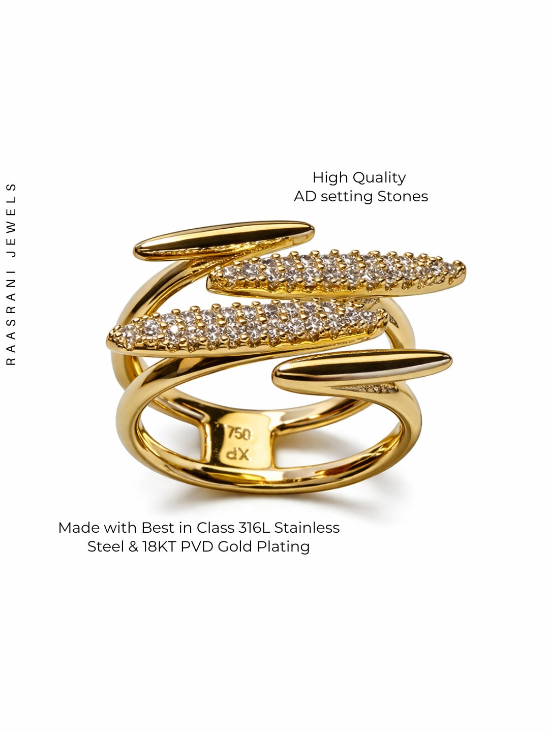 4-Line AD Studded Gold Ring | Anti-Tarnish Everyday Statement Ring