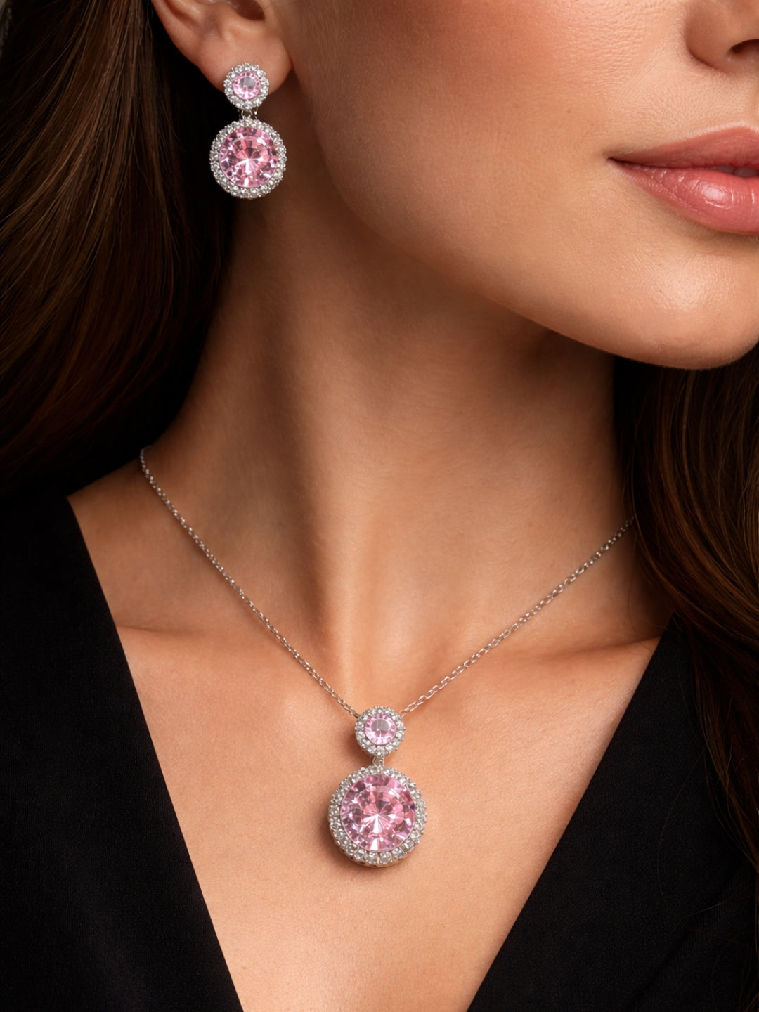 CL Pink Drop Jewelry Set | Rhodium CZ Necklace & Earrings