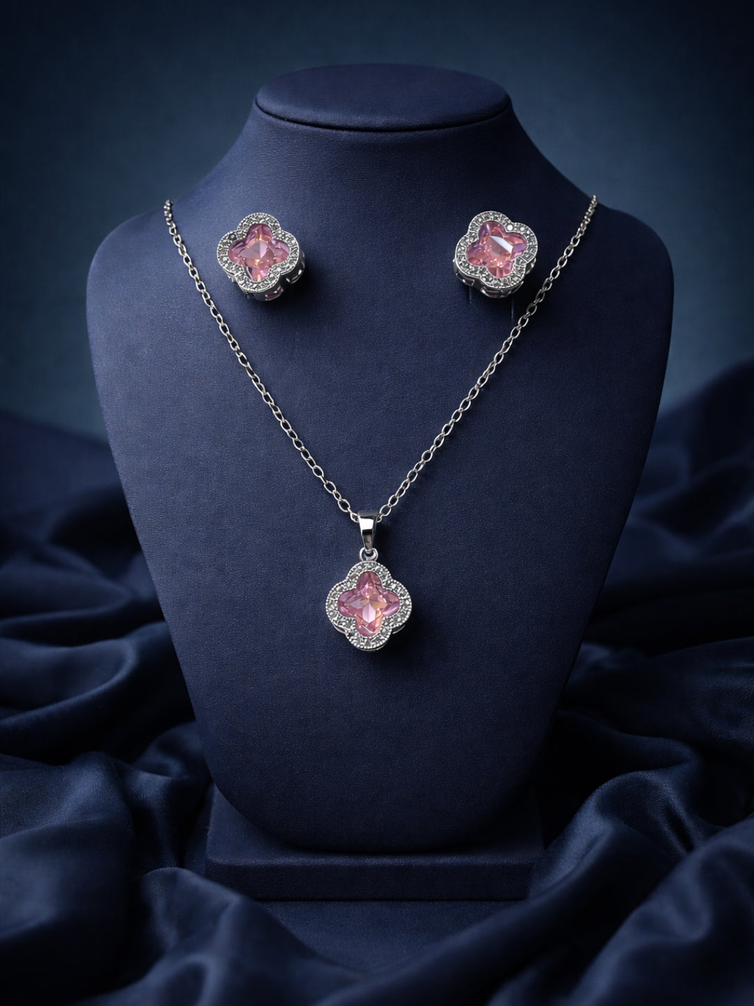 CL Pink Clover CZ Necklace & Earrings Set – Rhodium Plated Steel