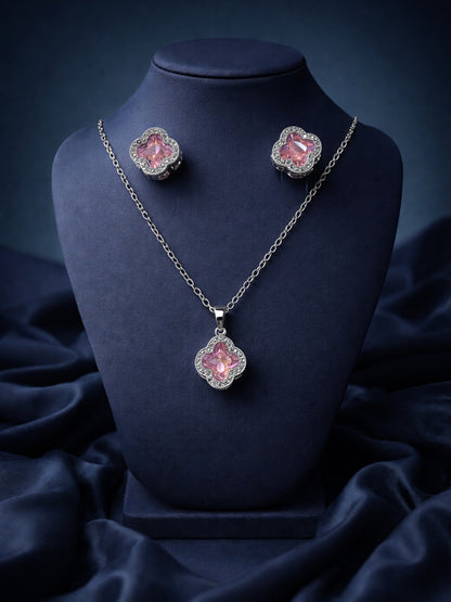 CL Pink Clover CZ Necklace & Earrings Set – Rhodium Plated Steel