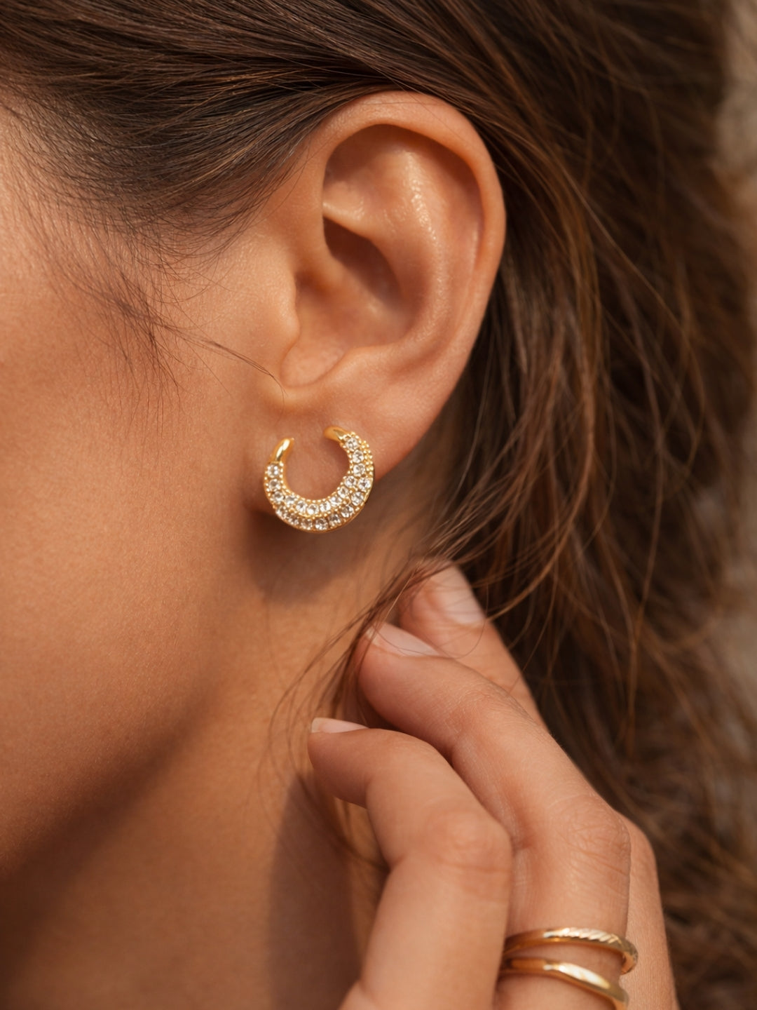 Moon Crescent CZ Stud Earrings in 18K Gold Plated Stainless Steel