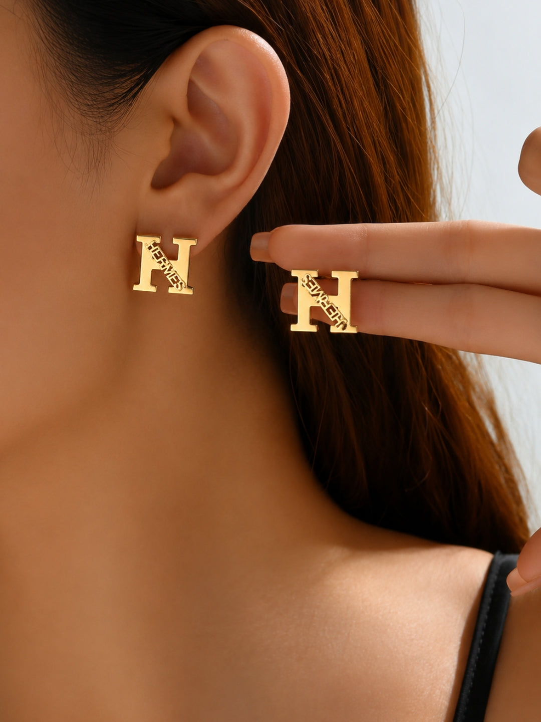 Gold H Monogram Statement Stud Earrings – Stainless Steel