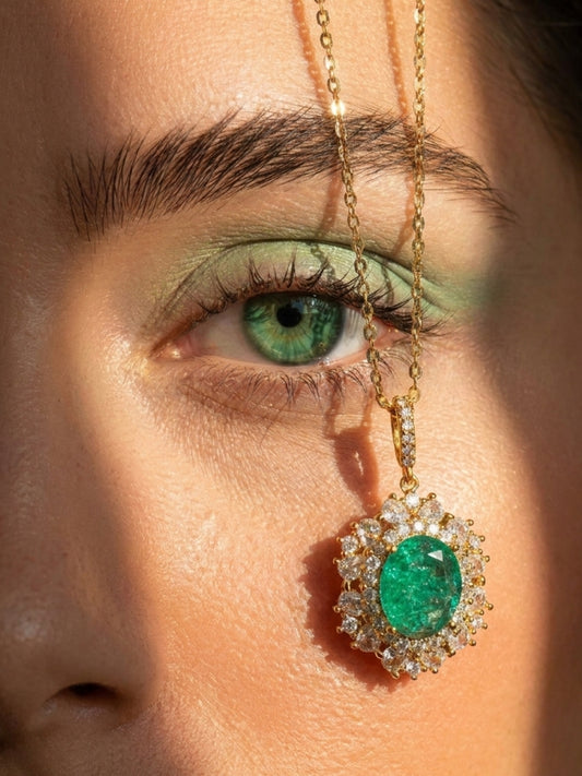 Smeraldino Green Sunburst Halo Necklace & Earring Set, 18K Gold-Plated