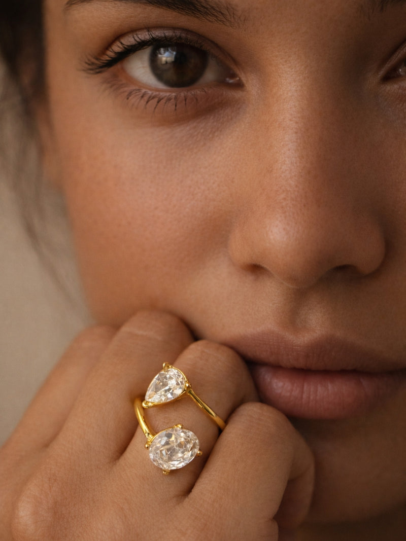 18K Gold Plated Marquise & Oval CZ Wrap Ring – Adjustable Stainless Steel