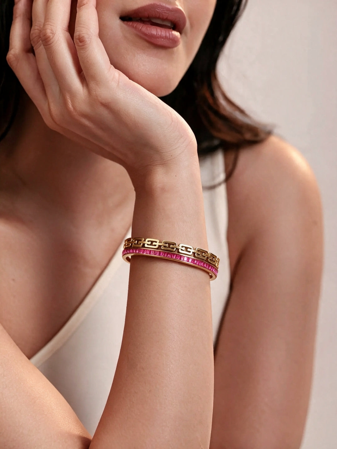Pink CZ Double Gold Plated Cuff Bracelet