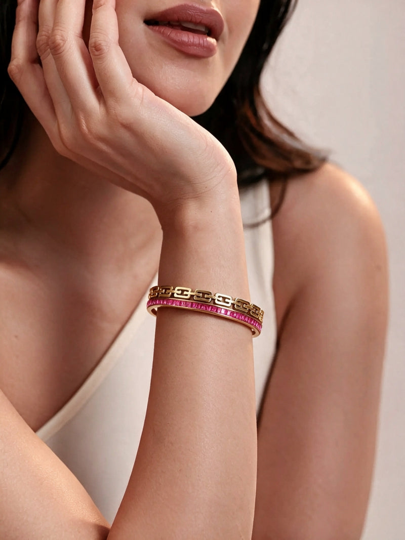 Pink CZ Double Gold Plated Cuff Bracelet