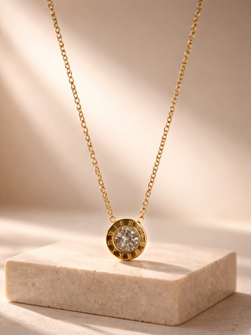 Roman Studded Gold Chain Necklace | 18K Gold Plated AD Pendant