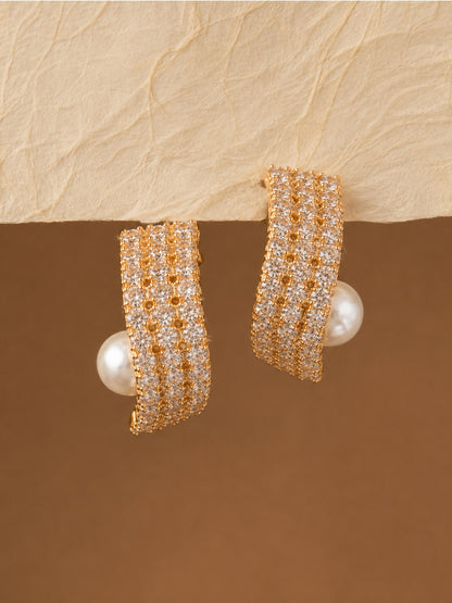 Sculpted Pavé Curve Pearl Stud Earrings, 18K Gold-Plated
