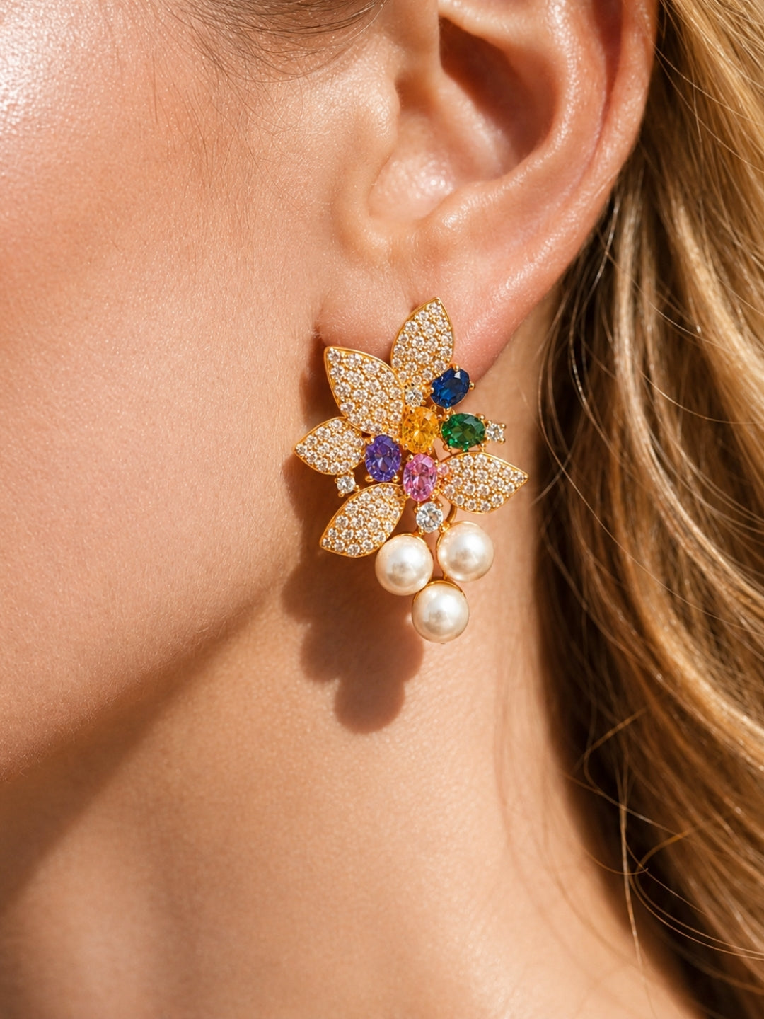 Multicolor Floral Pavé Pearl Drop Earrings, 18K Gold-Plated