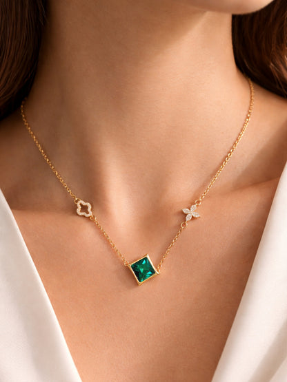 Green Quad Emerald CZ Gold Neckpiece | Anti-Tarnish Everyday Chain