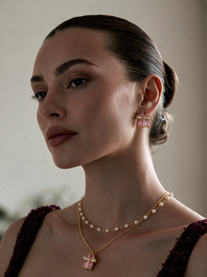 Croce Pink Baguette Layered Necklace & Earring Set, 18K Gold-Plated