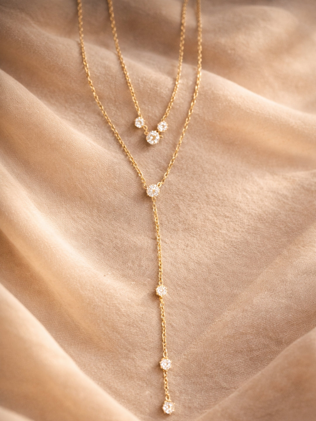Double Layer Solitaire Beaded Drop Gold Neckpiece