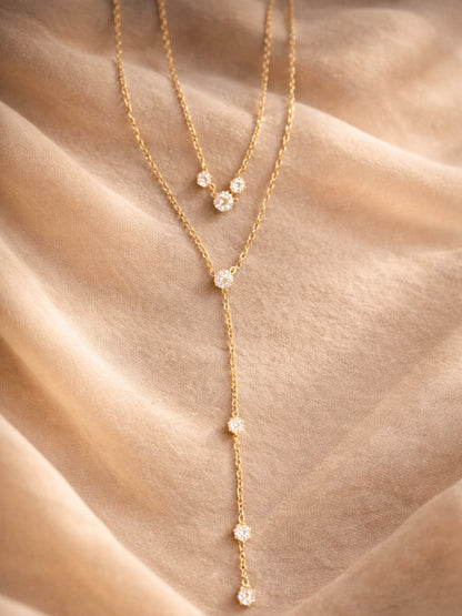 Double Layer Solitaire Beaded Drop Gold Neckpiece