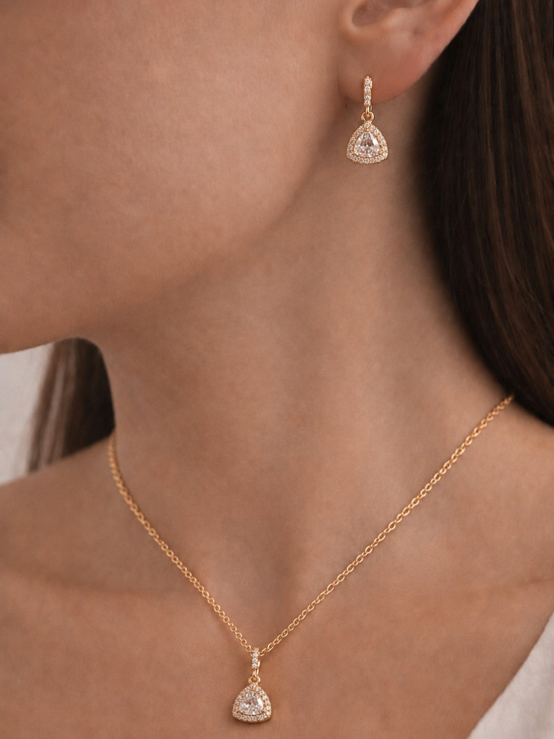 Rose Gold CZ Triangle Pendant & Earrings Set | Anti Tarnish Jewelry