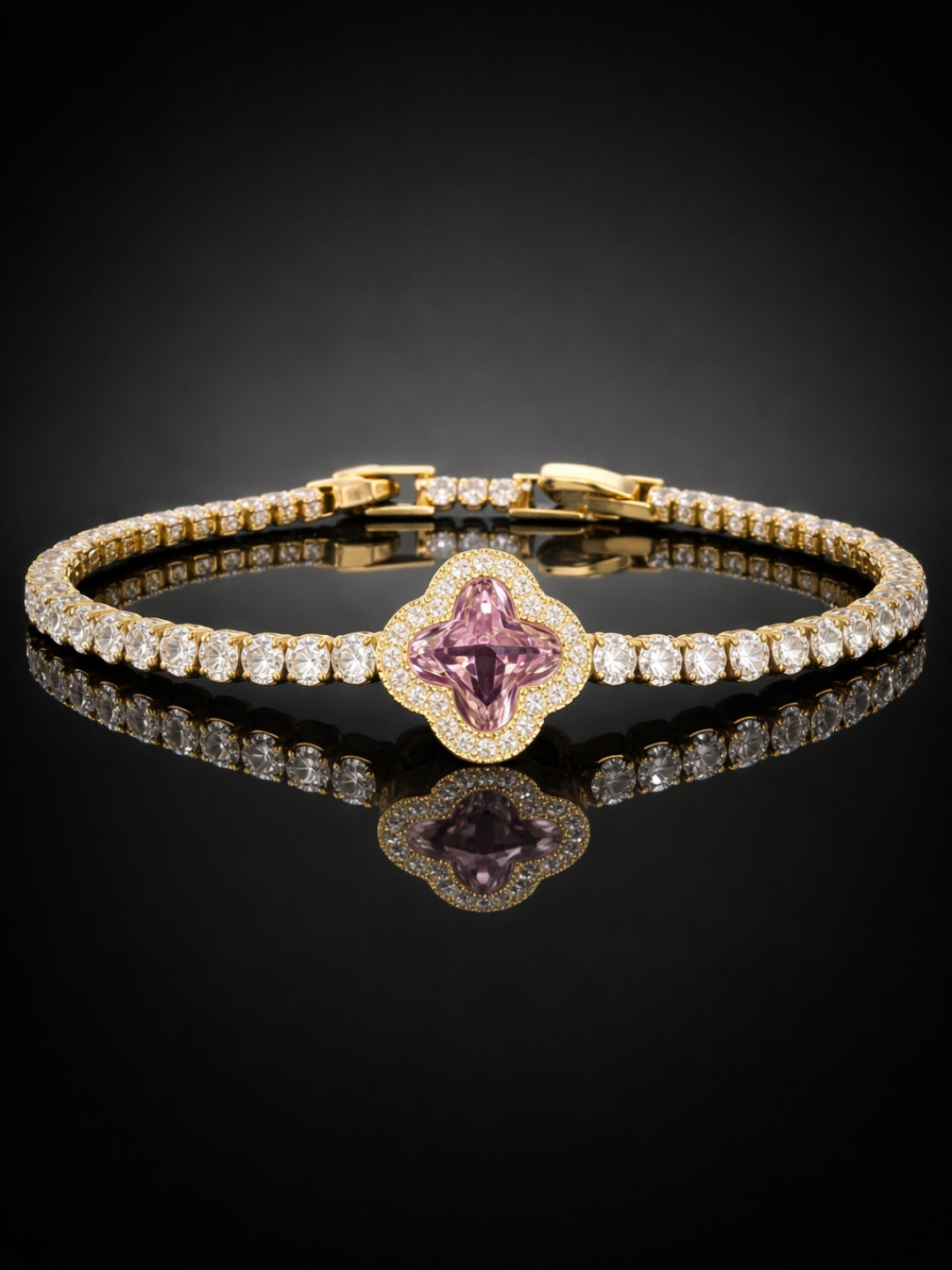 Pink Clover Gold Bracelet | 18K Gold Plated CZ Tennis Bracelet