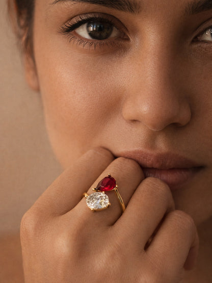 Red Ruby & White CZ Open Adjustable Gold Ring for Women