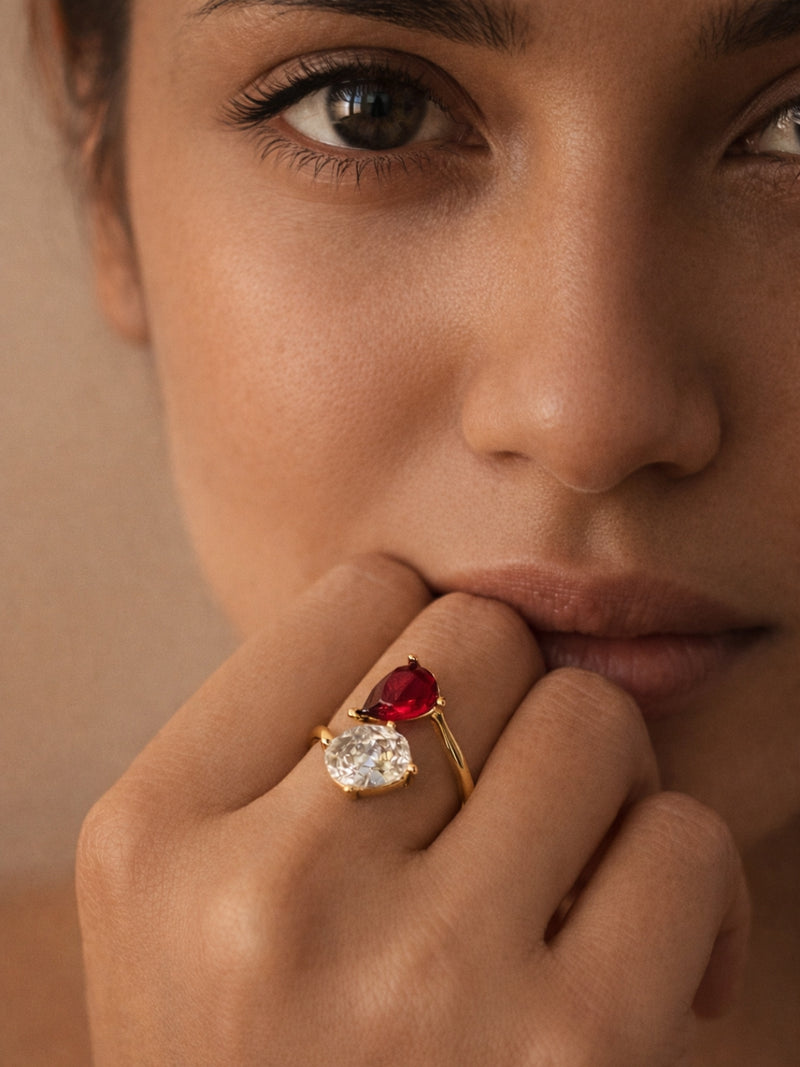 Red Ruby & White CZ Open Adjustable Gold Ring for Women