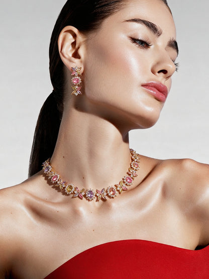 Fiorina Pastel Multicolor Floral Choker Necklace & Earring Set, 18K Gold-Plated