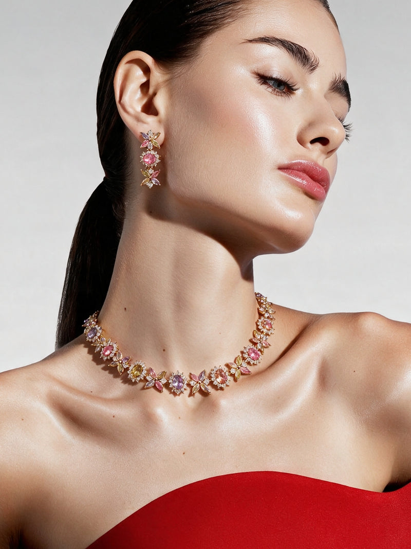 Fiorina Pastel Multicolor Floral Choker Necklace & Earring Set, 18K Gold-Plated