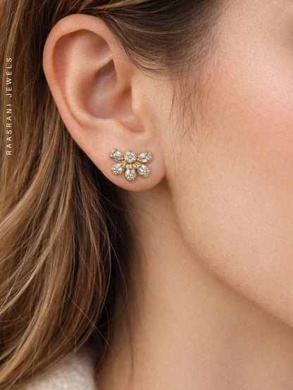 Half Floral Gold Stud Earrings with AD Stones | Everyday Wear