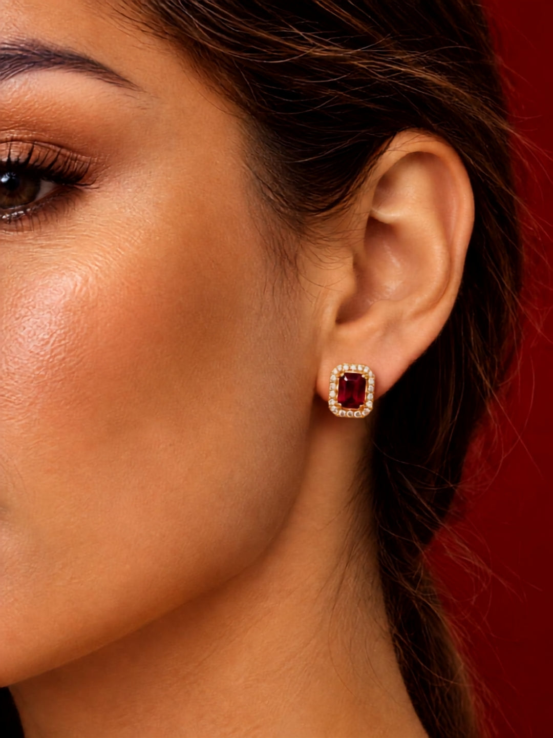 Maroon Princess Cut CZ Hoop Earrings in 18K Rose Gold