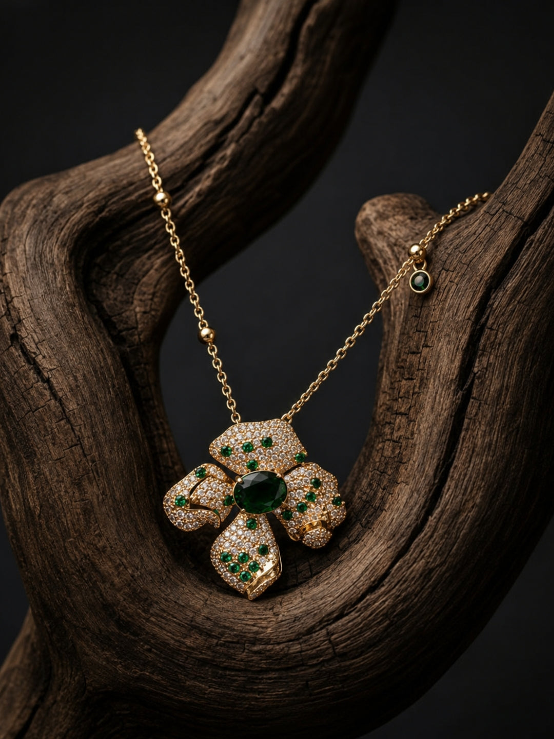 Boccio Emerald Pavé Flower Necklace & Earring Set, 18K Gold-Plated