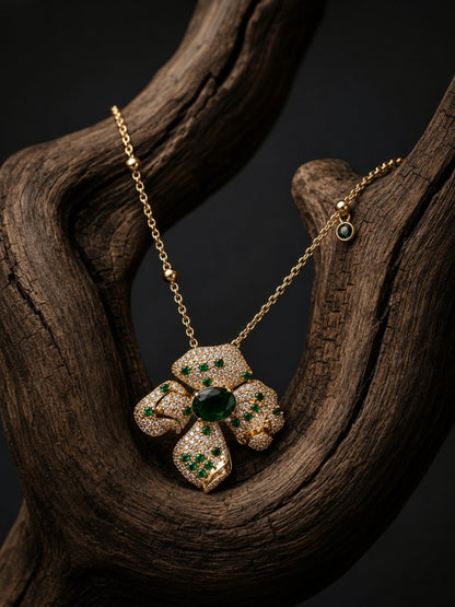 Boccio Emerald Pavé Flower Necklace & Earring Set, 18K Gold-Plated