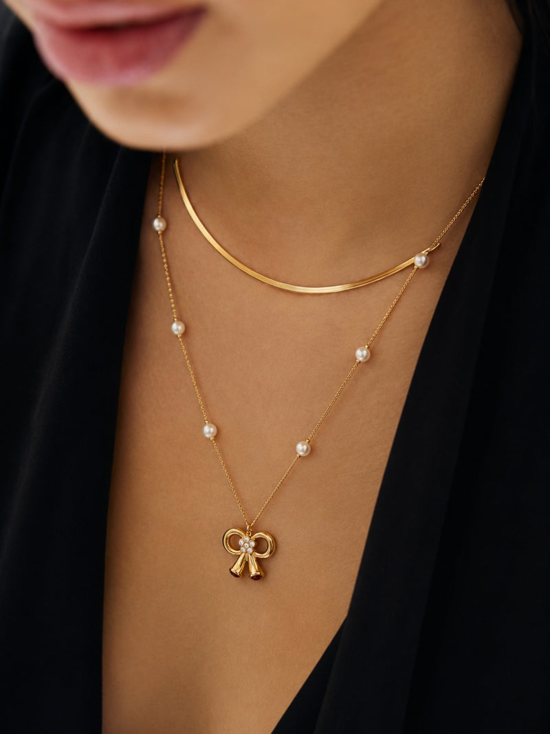 Bow & Pearl Layered Necklace Set
