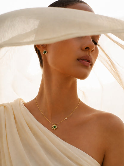 Emerald Clover Necklace & Earrings Set