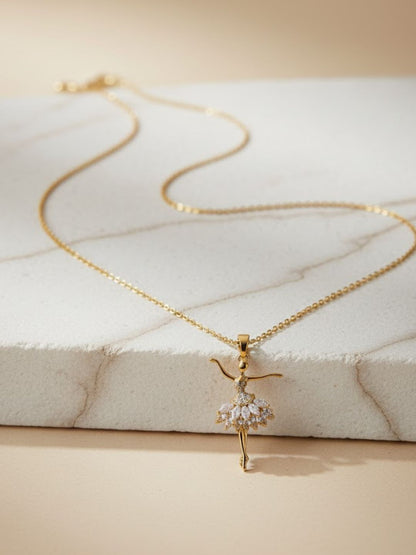 Anti-Tarnish Angel Ballerina Pendant Necklace | 18K Gold CZ Chain