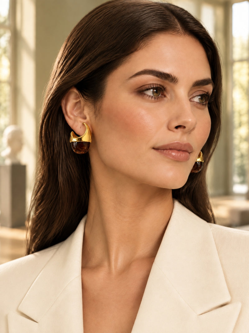 Brown Drop Hoop Earrings | 18K Gold Plated Anti-Tarnish
