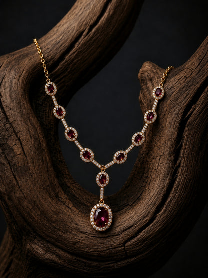 Melagrana Maroon Halo Necklace & Earring Set, 18K Gold-Plated