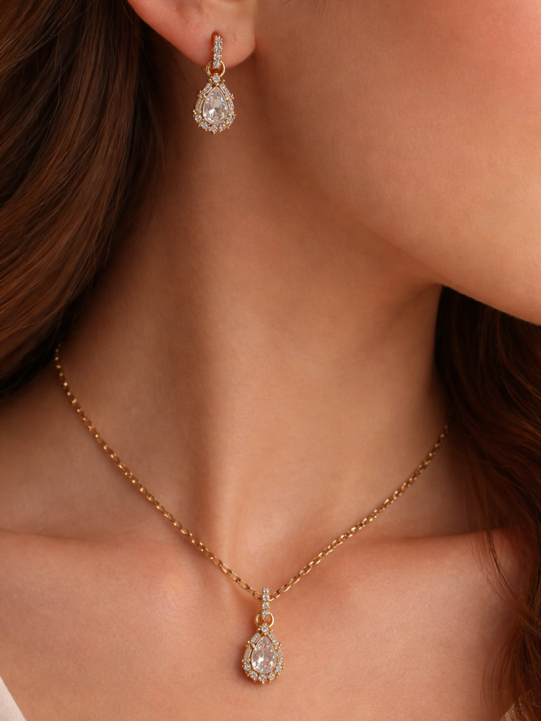 18K Rose Gold Teardrop CZ Pendant & Earrings Set for Women