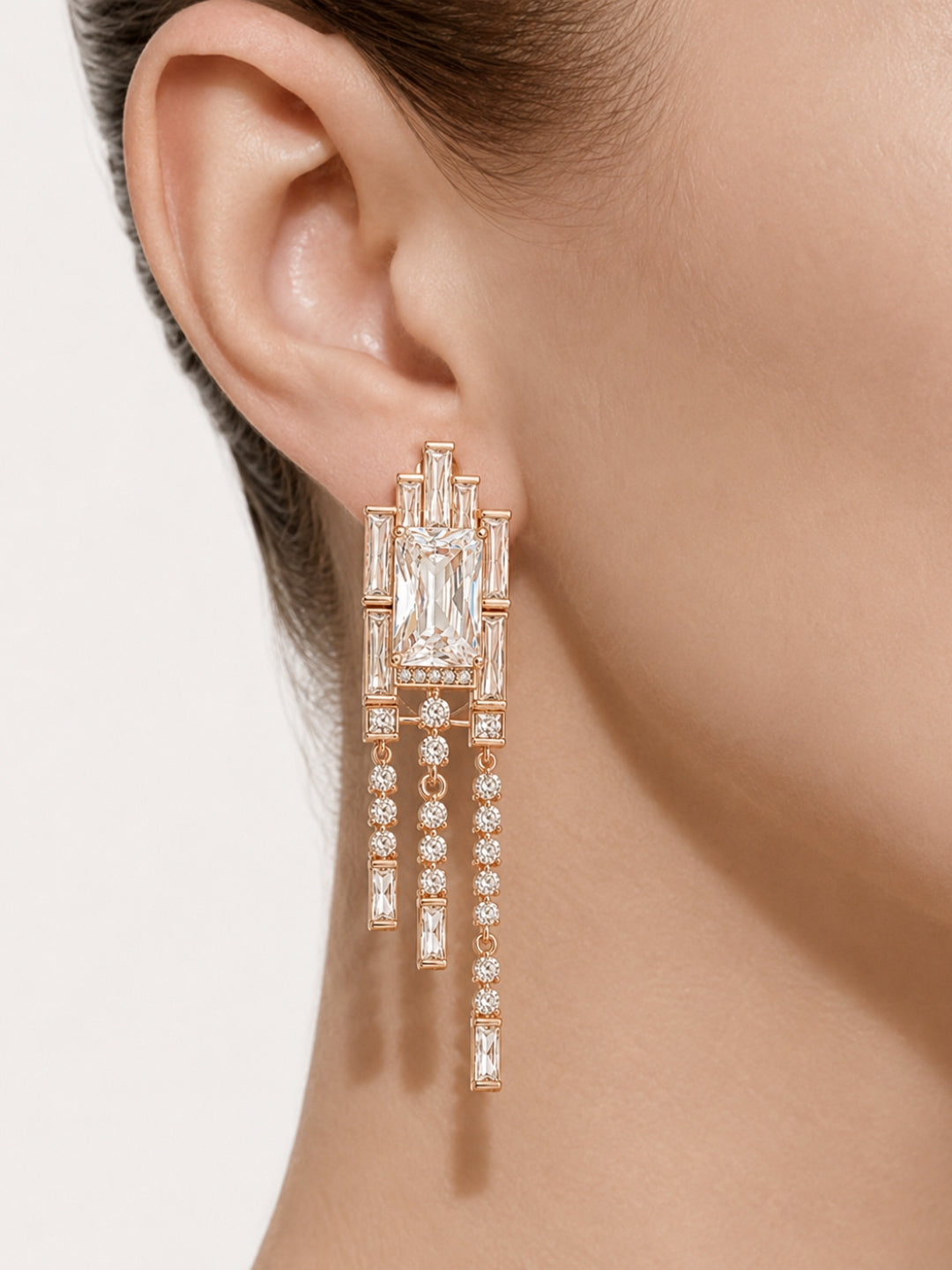 Art Deco Radiant-Cut Fringe Drop Earrings, 18K Rose Gold-Plated